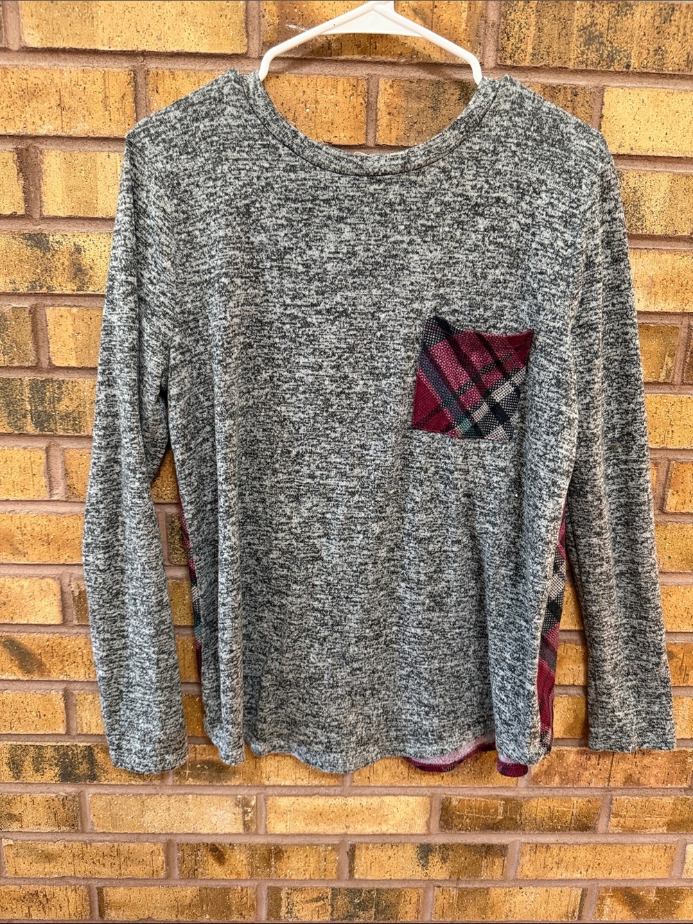 Brittany Black Gray Knit Long-Sleeve Top with Burgundy Plaid Pocket